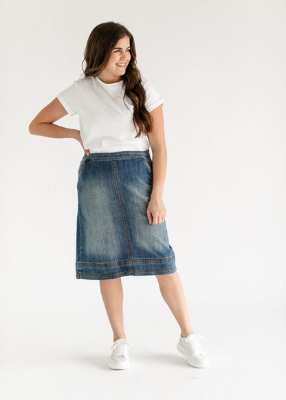 Sutton Side Zip A-line Denim Midi Skirt IC Skirts