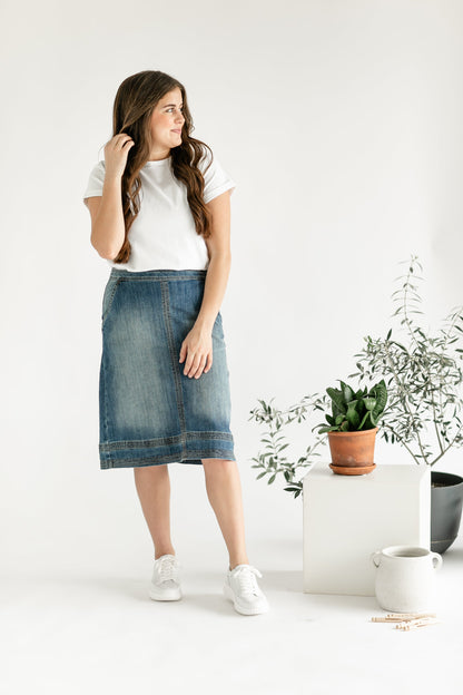 Sutton Side Zip A-line Denim Midi Skirt IC Skirts