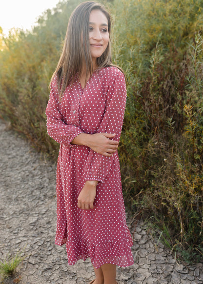 Swiss Dot Terracotta 3/4 Sleeve Midi Dress - FINAL SALE Dresses