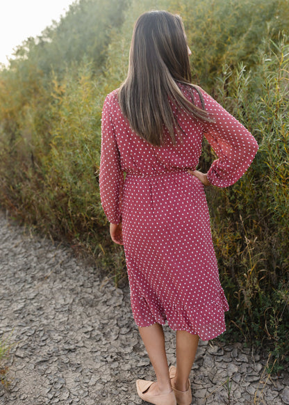 Swiss Dot Terracotta 3/4 Sleeve Midi Dress - FINAL SALE Dresses