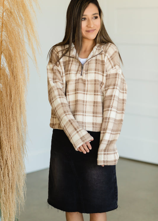 Taupe Checkered Fleece Half Zip - FINAL SALE Tops