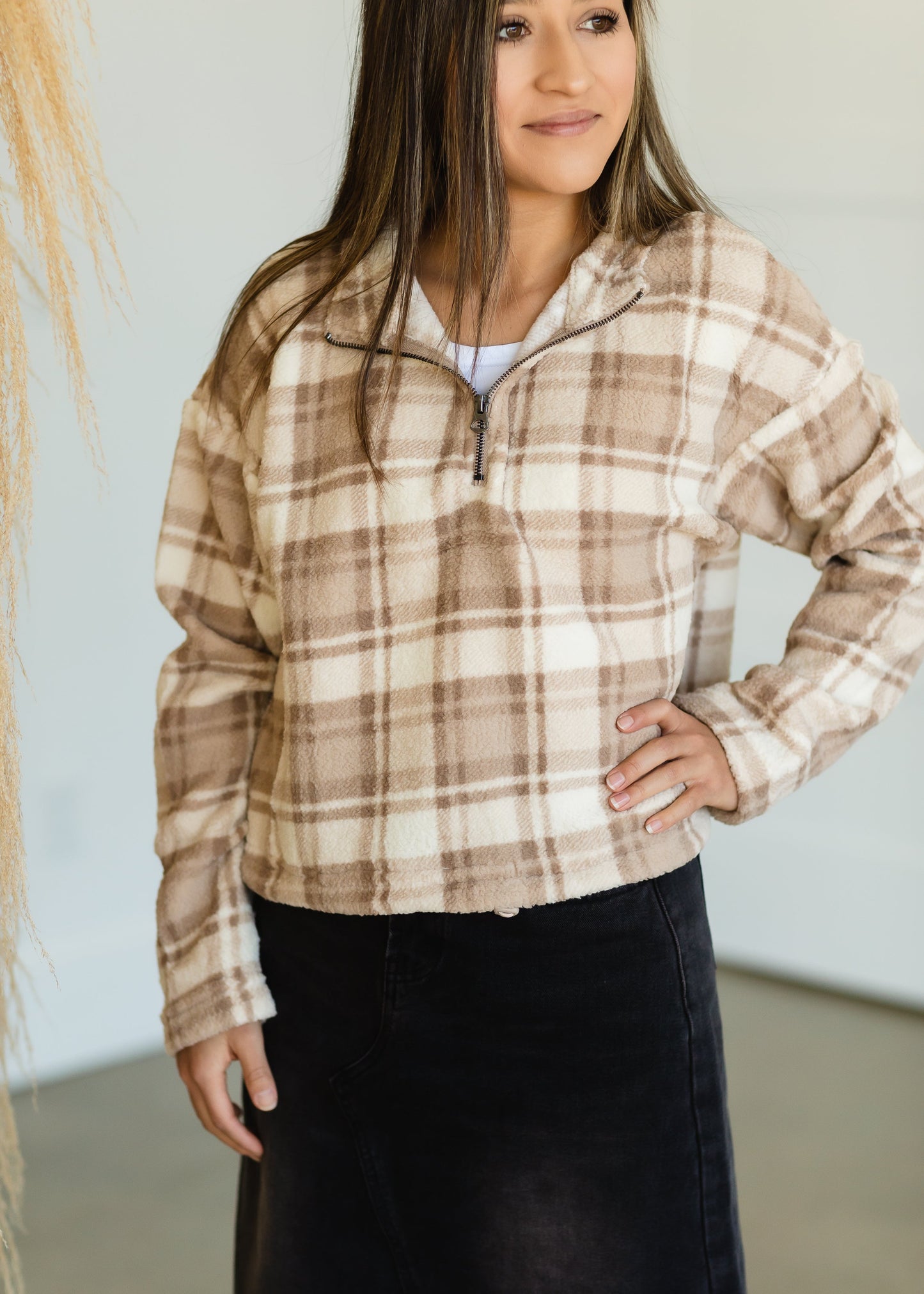 Taupe Checkered Fleece Half Zip - FINAL SALE Tops