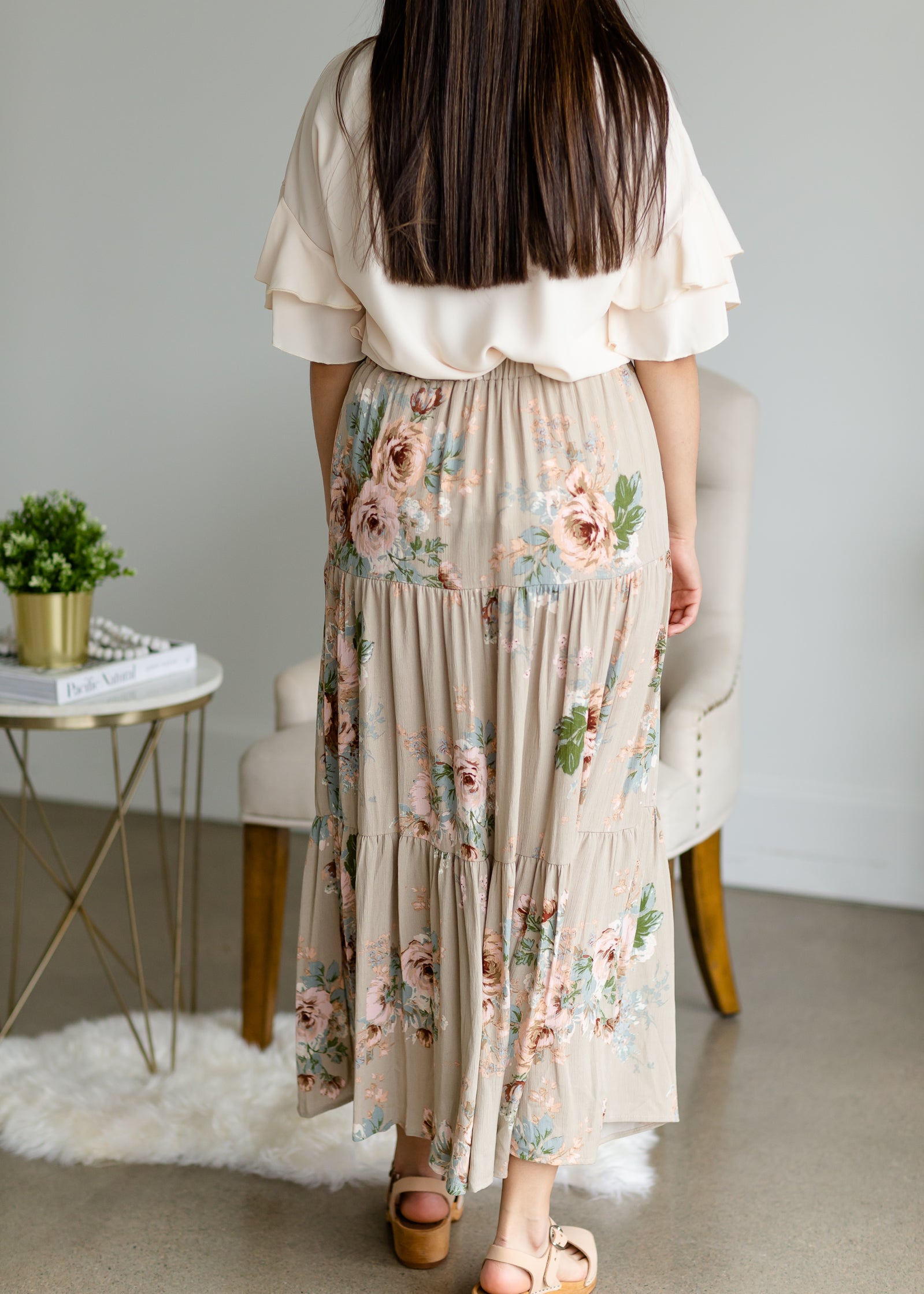 Taupe Floral Print Tiered Skirt Skirts