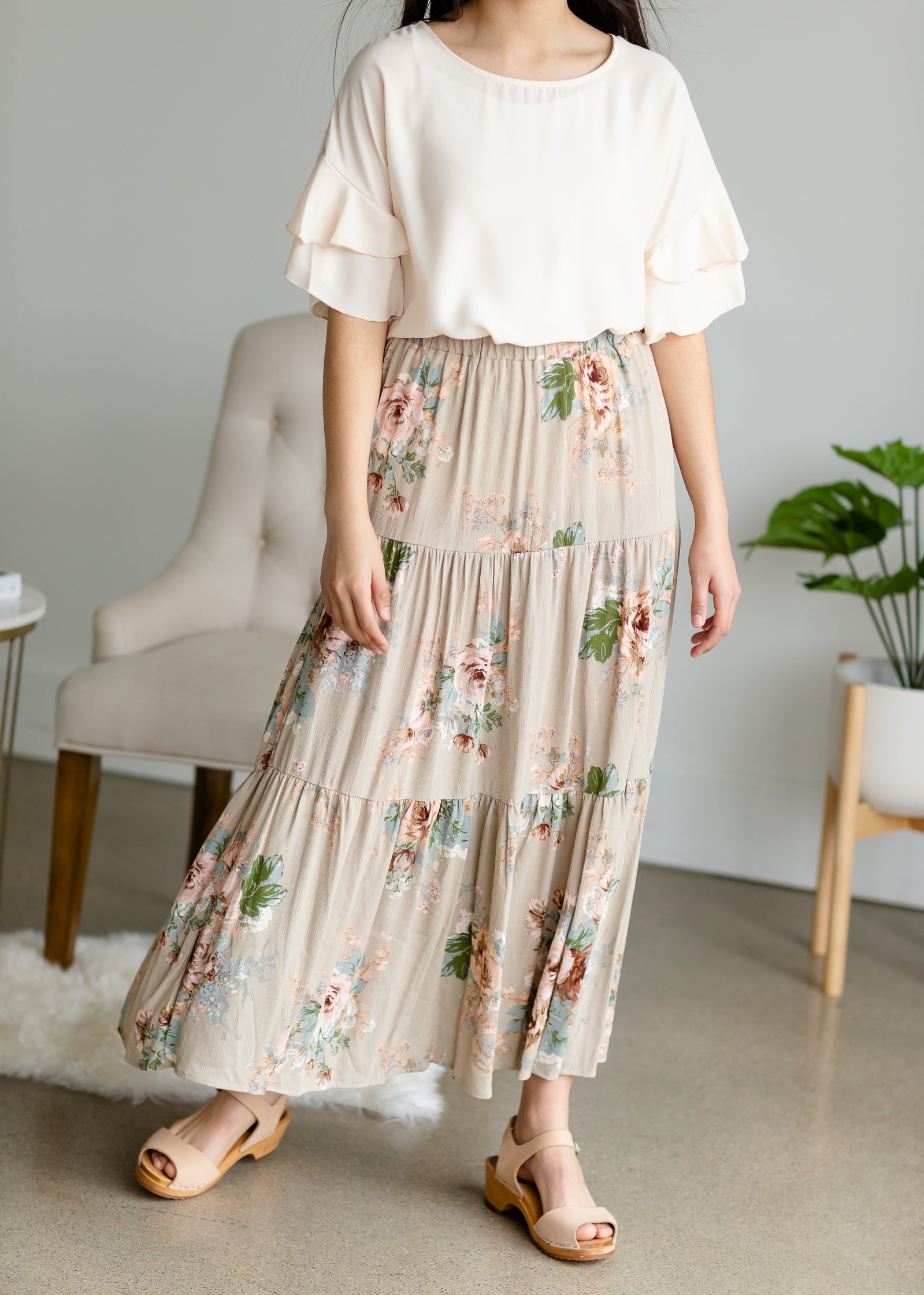 Taupe Floral Print Tiered Skirt Skirts