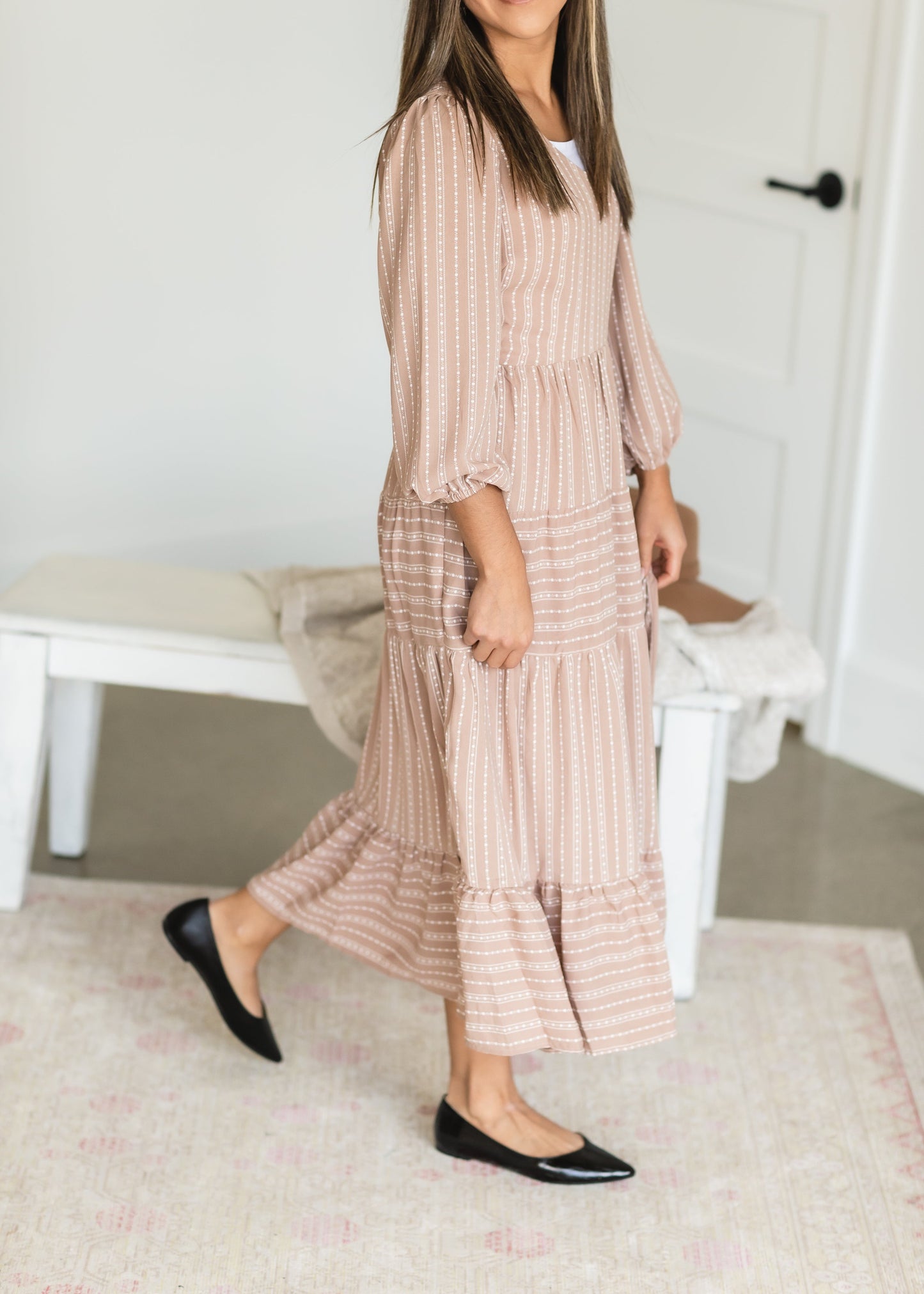 Taupe V Neck Tiered Midi Dress - FINAL SALE Dresses