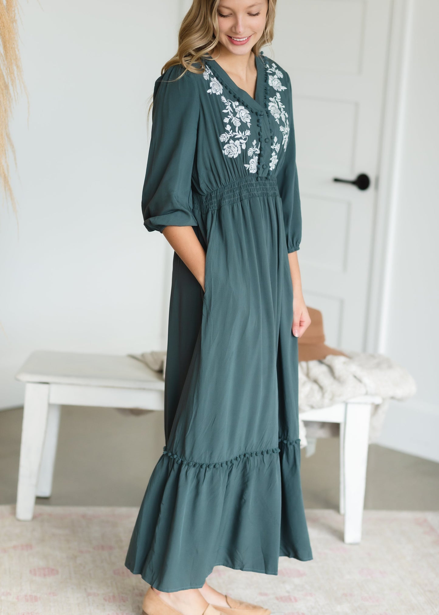 Teal Pom Pom Embroidered Maxi Dress Dresses