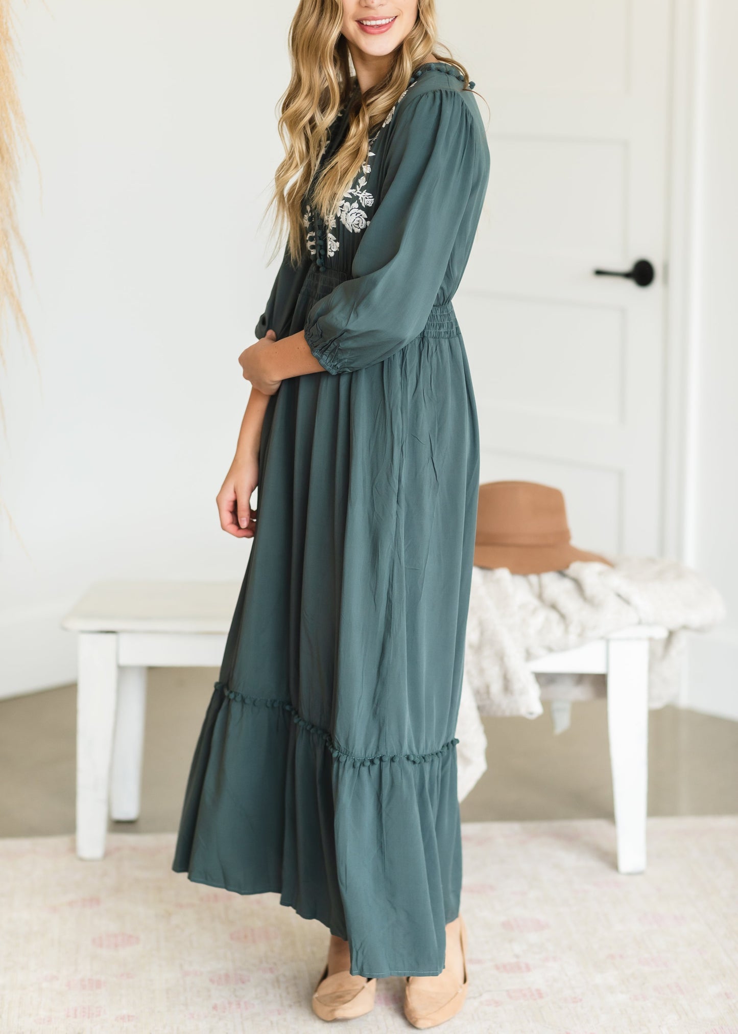 Teal Pom Pom Embroidered Maxi Dress Dresses