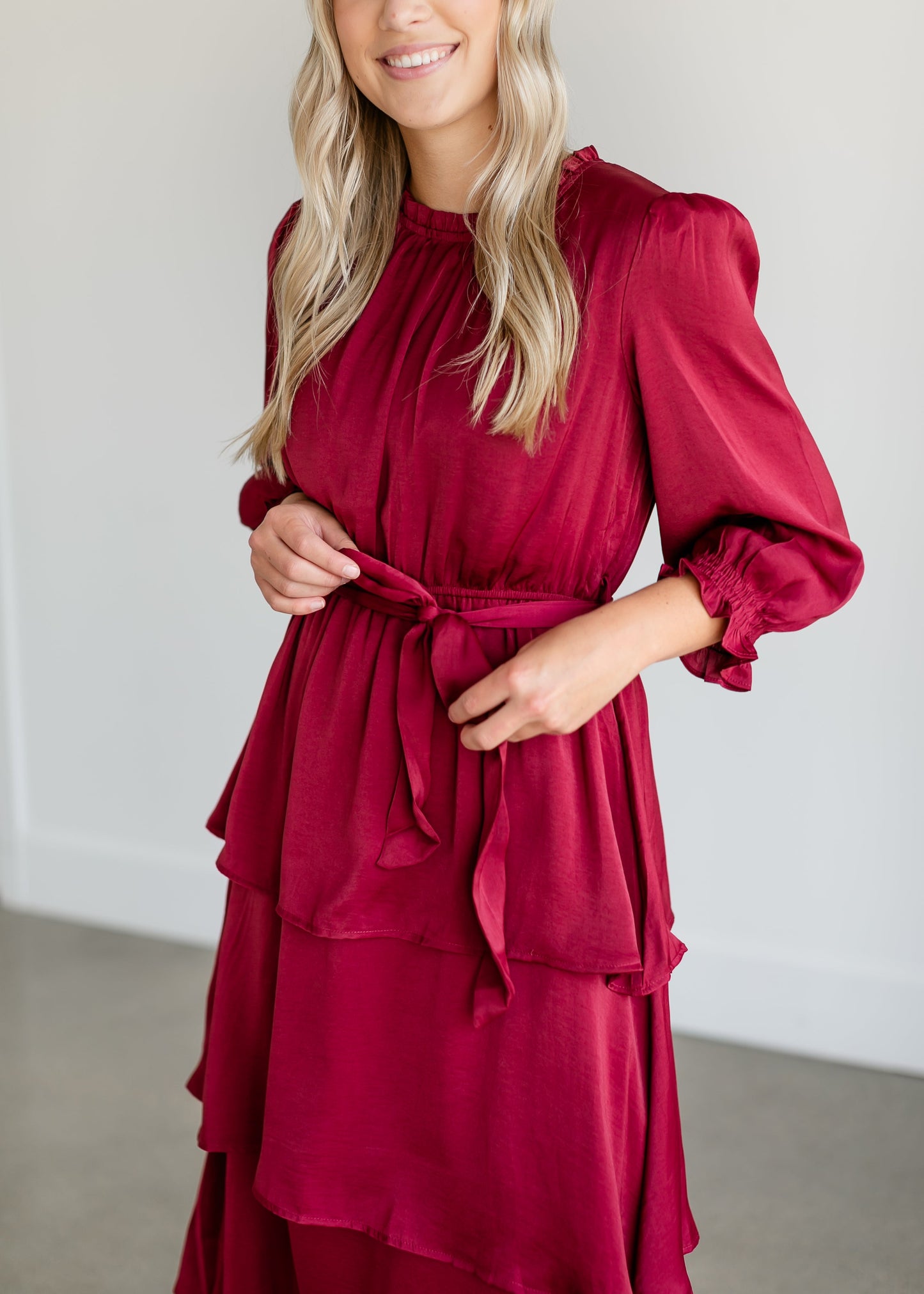 Tiered 3/4 Sleeve Satin Midi Dress FF Dresses