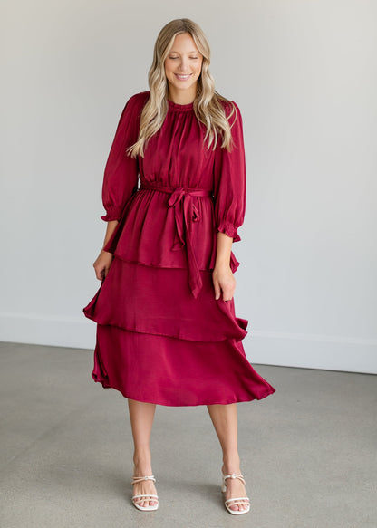 Tiered 3/4 Sleeve Satin Midi Dress FF Dresses