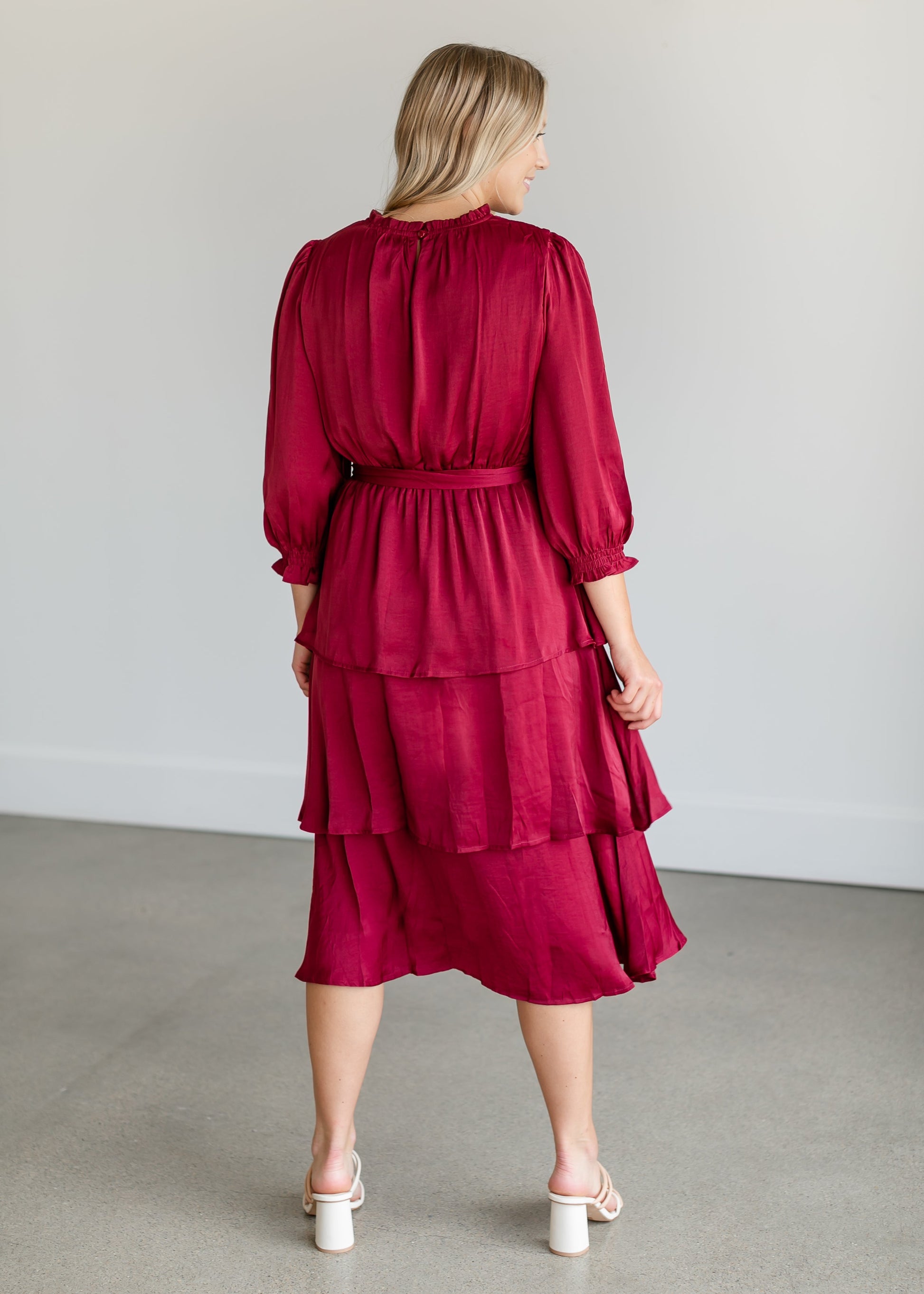 Tiered 3/4 Sleeve Satin Midi Dress FF Dresses