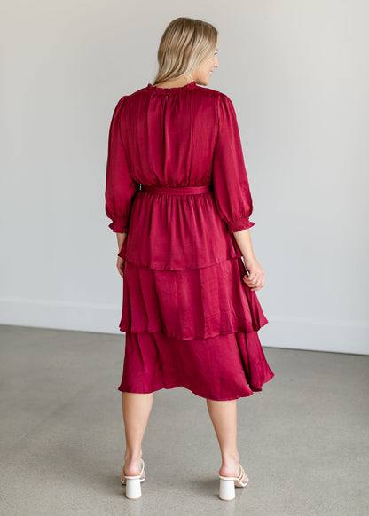 Tiered 3/4 Sleeve Satin Midi Dress FF Dresses