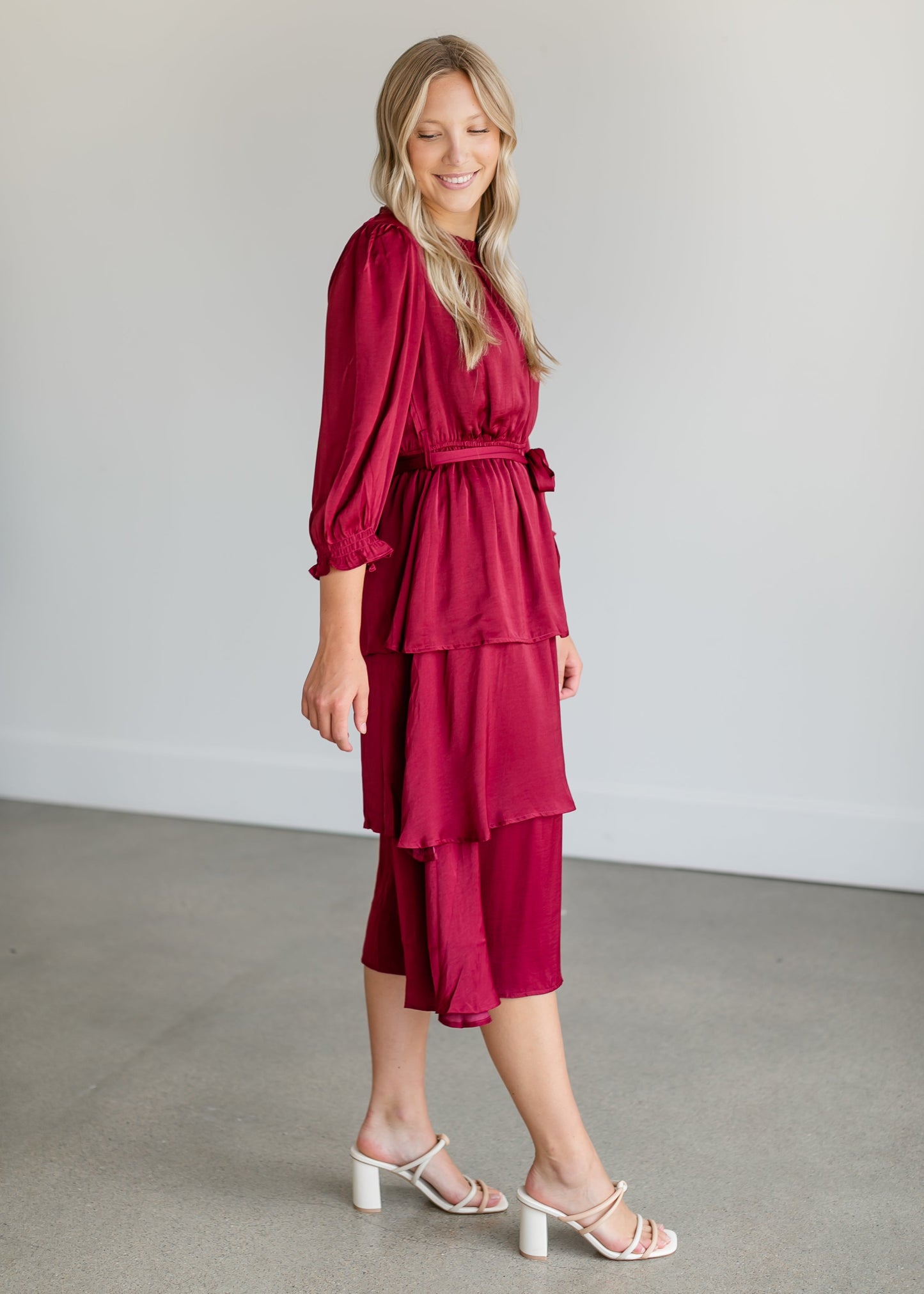 Tiered 3/4 Sleeve Satin Midi Dress FF Dresses