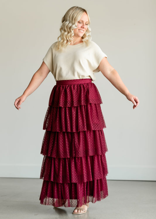 Tiered Tulle Maxi Skirt FF Skirts Burgundy / S