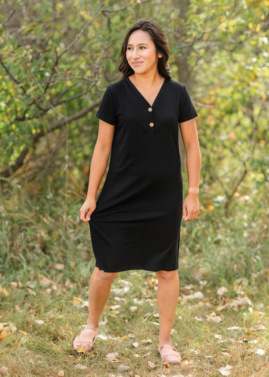 V-neck Black Button Up Dress FF Dresses