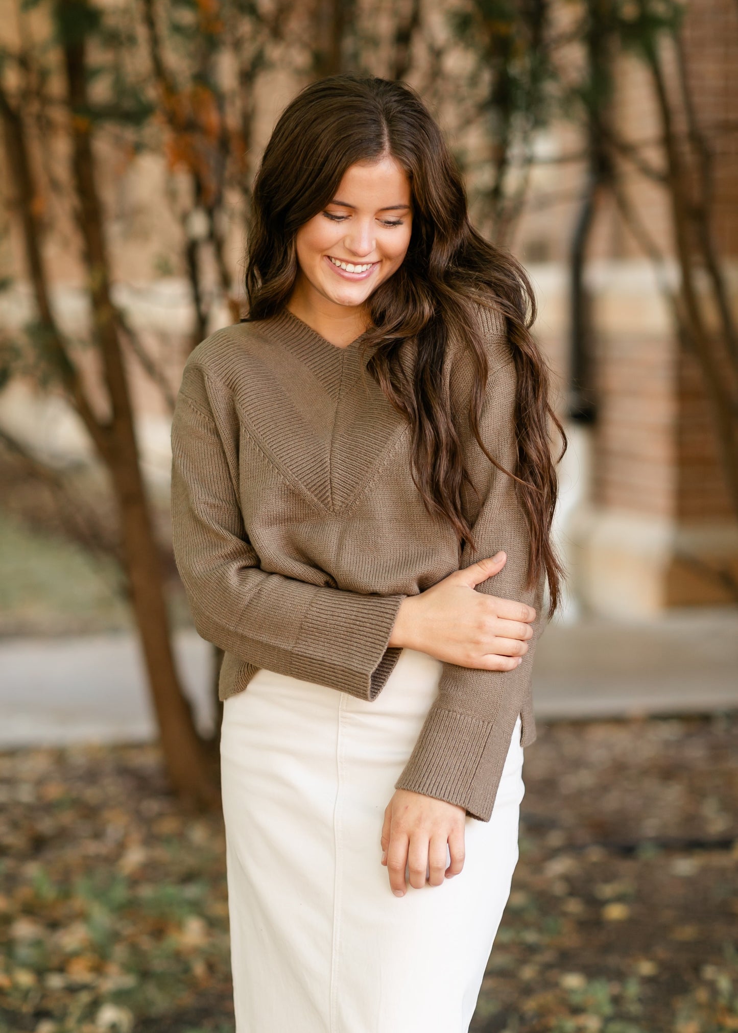 V-neck Light Brown Long Sleeve Sweater FF Tops