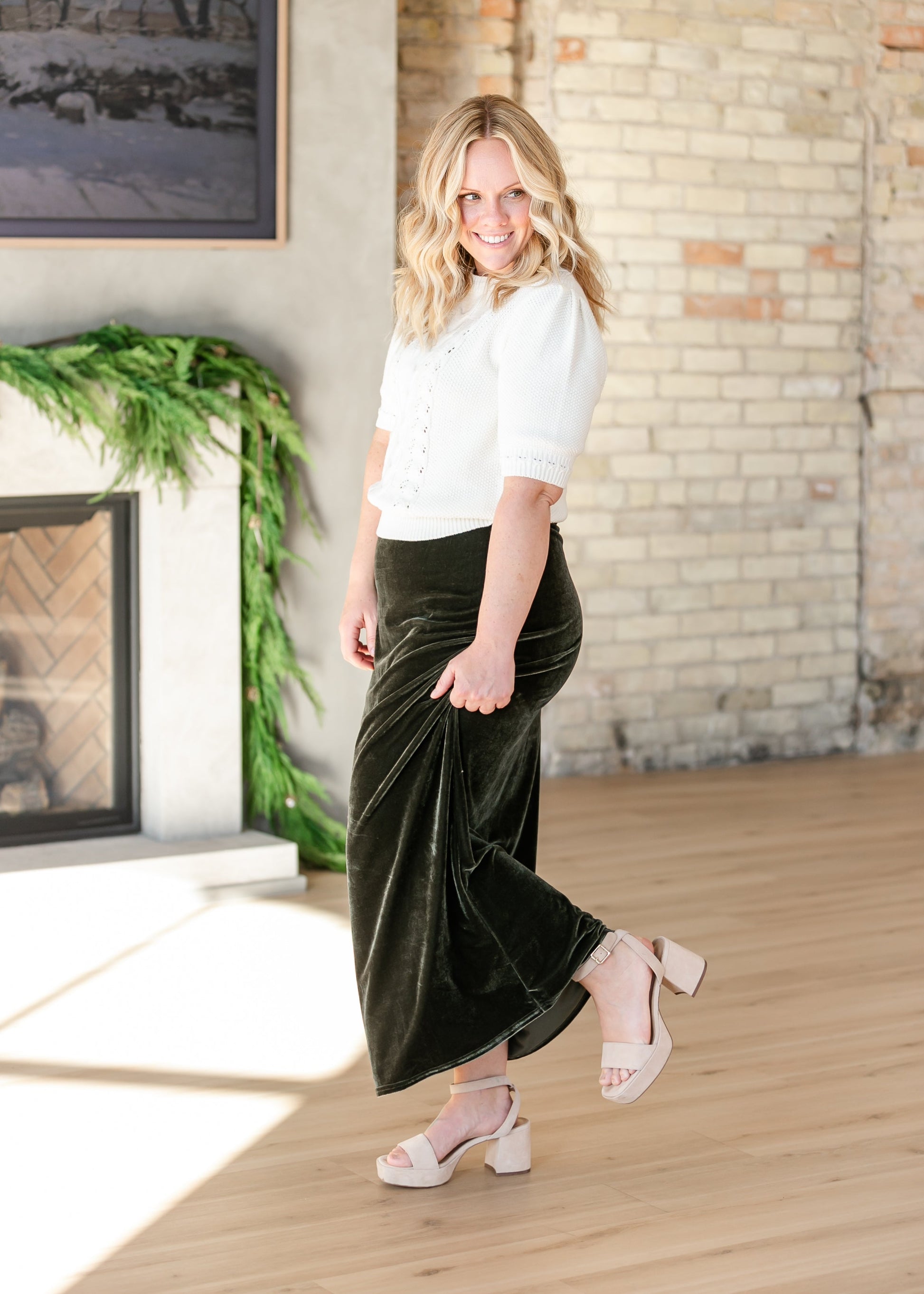 Velvet Pull-on Green Maxi Skirt FF Skirts