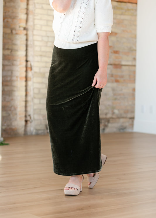 Velvet Pull-on Green Maxi Skirt FF Skirts