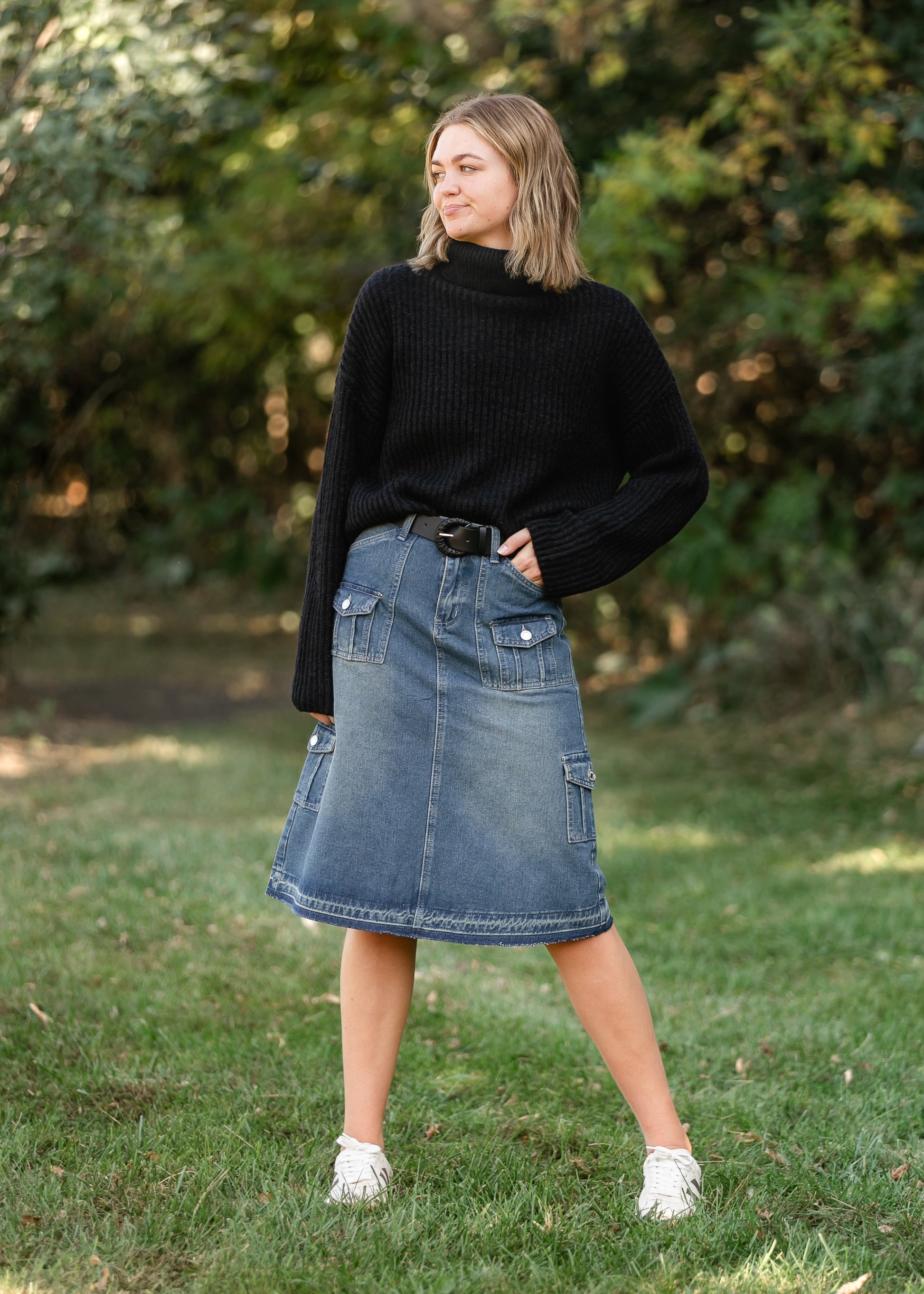 Vintage Wash Midi Cargo Denim Skirt FF Skirts