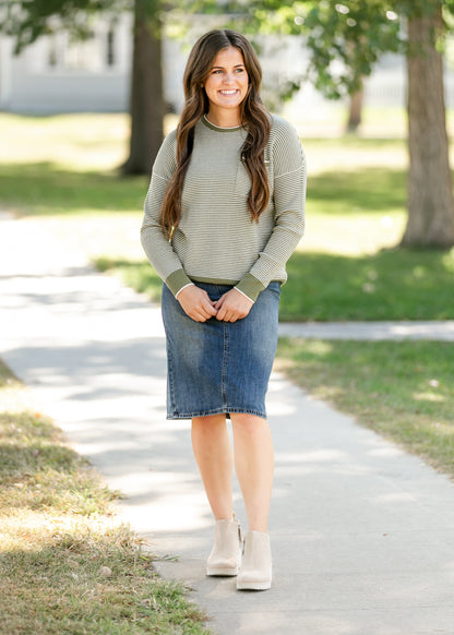 Waffle Knit Crewneck Striped Sweater FF Tops