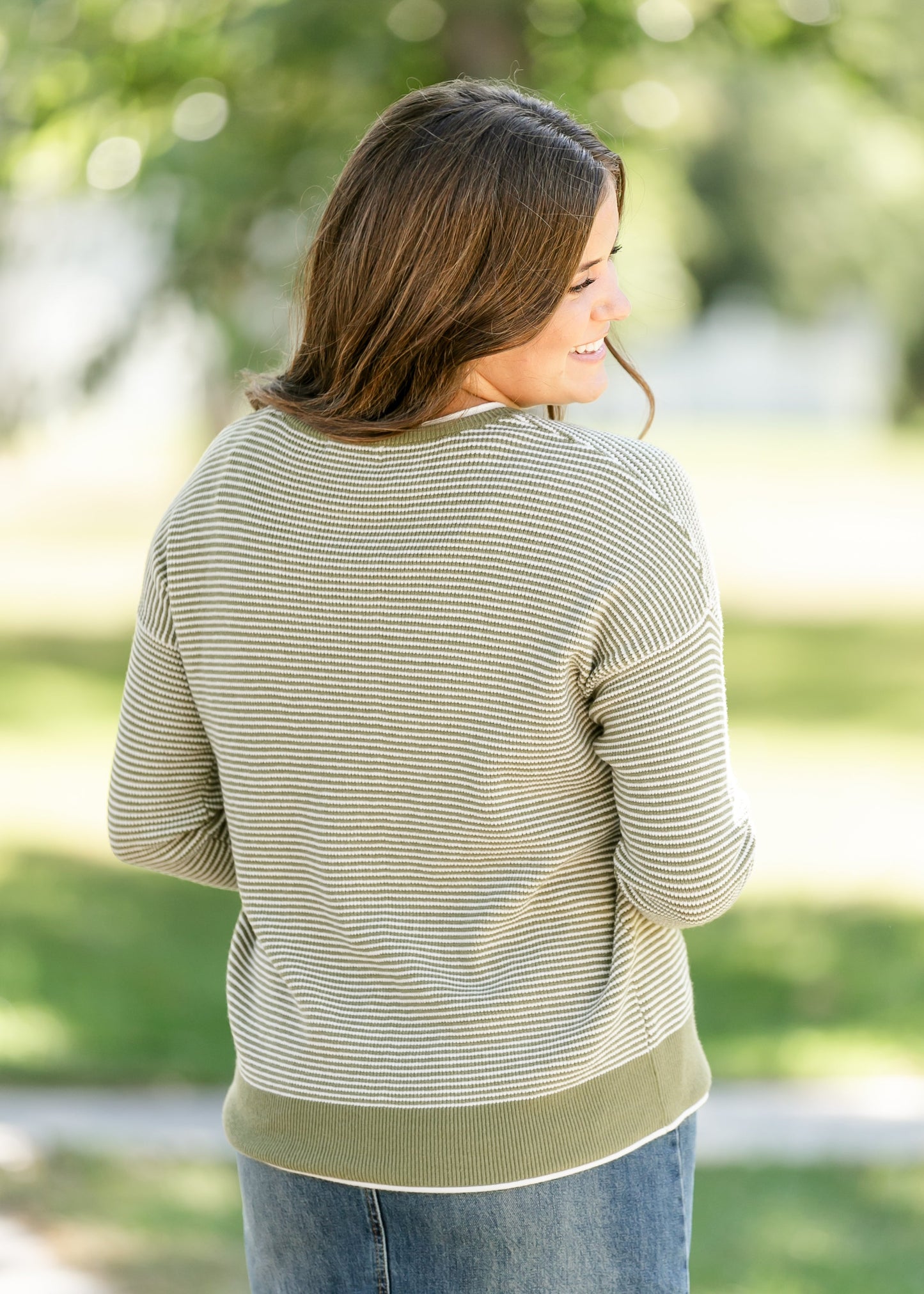 Waffle Knit Crewneck Striped Sweater FF Tops