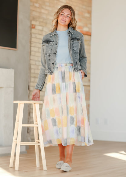 Watercolor Block Print Elastic Waist Maxi Skirt FF Skirts