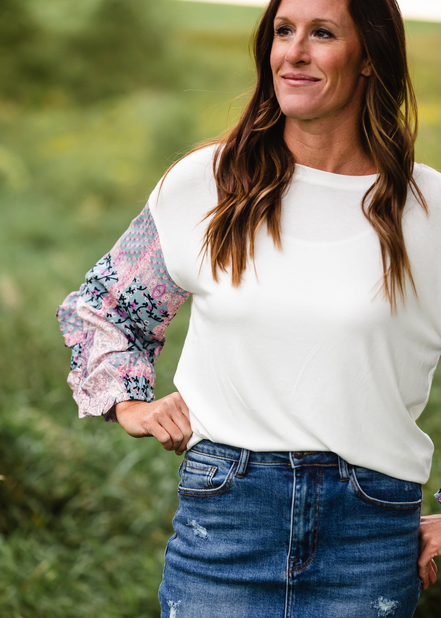 White Pattern Long Sleeve Top - FINAL SALE FF Tops