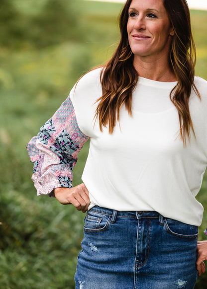 White Pattern Long Sleeve Top - FINAL SALE FF Tops