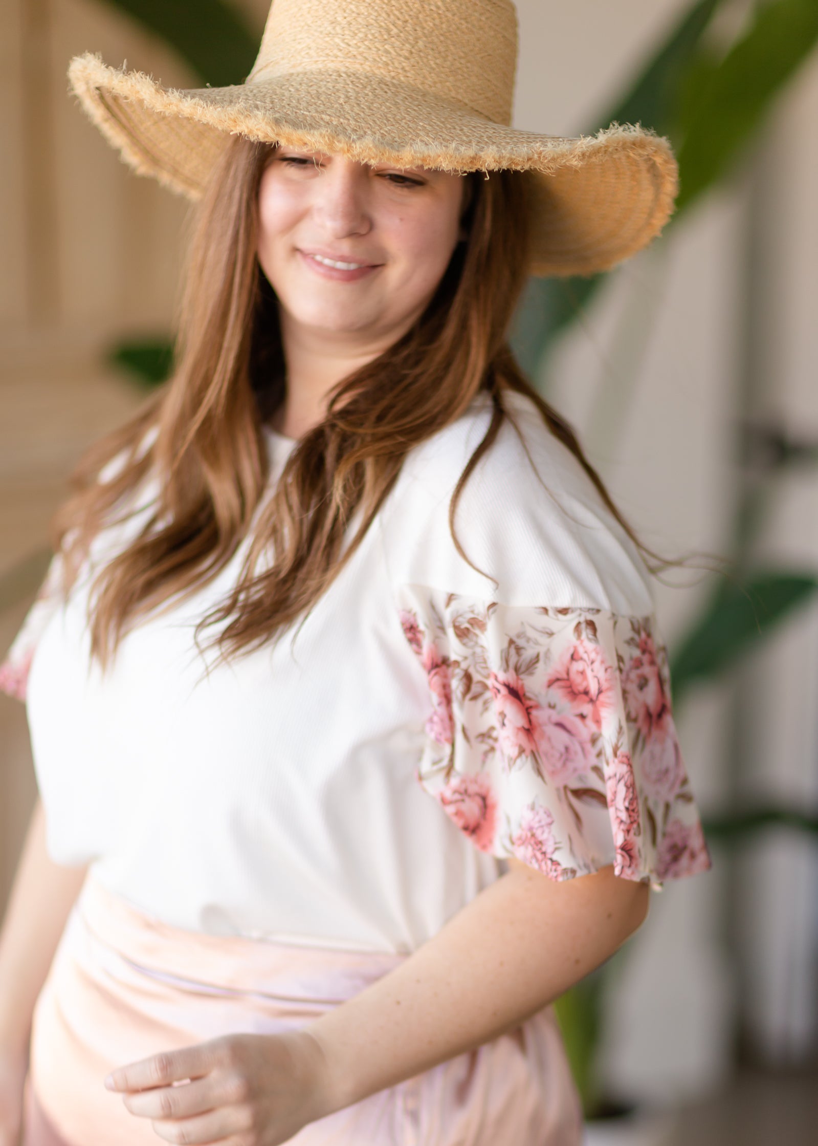 White Ribbed Floral Sleeve Top - FINAL SALE FF Tops