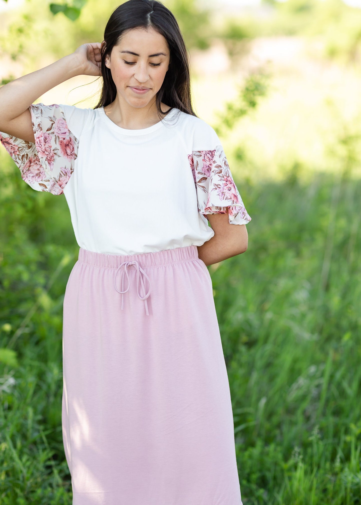 White Ribbed Floral Sleeve Top - FINAL SALE FF Tops