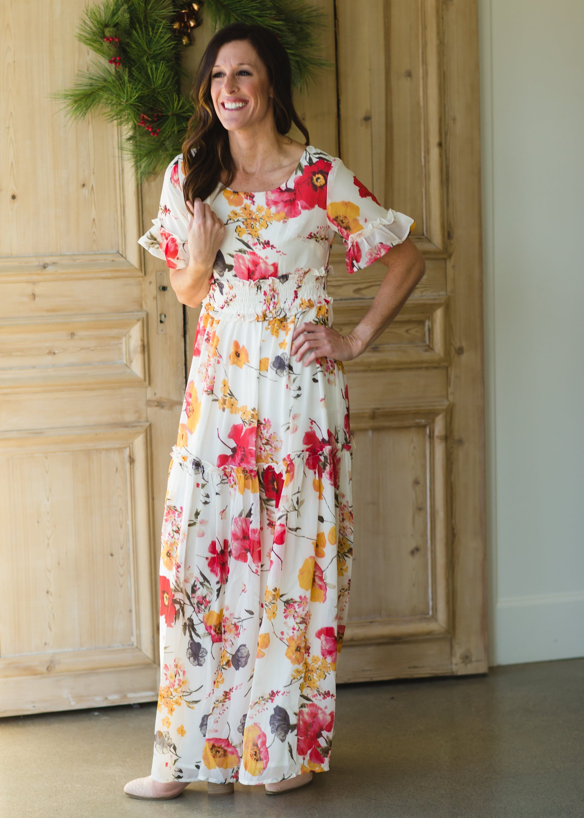 White Ruffle Floral Maxi Dress FF Dresses