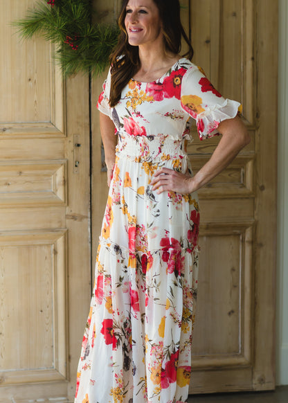 White Ruffle Floral Maxi Dress FF Dresses