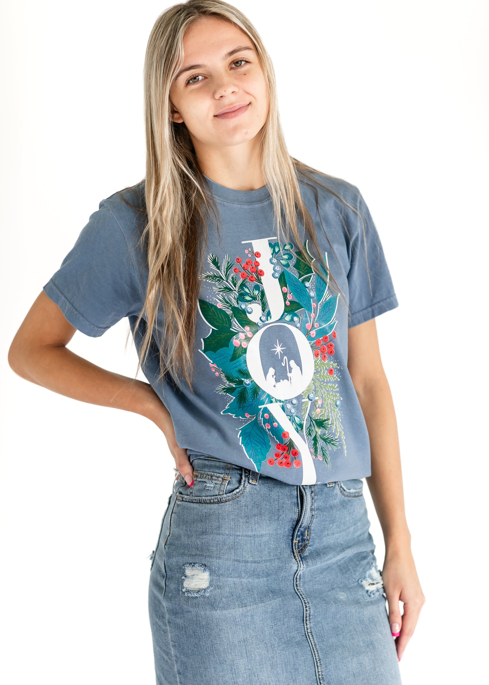 Winter Blue Floral Joy Graphic Tee FF Tops