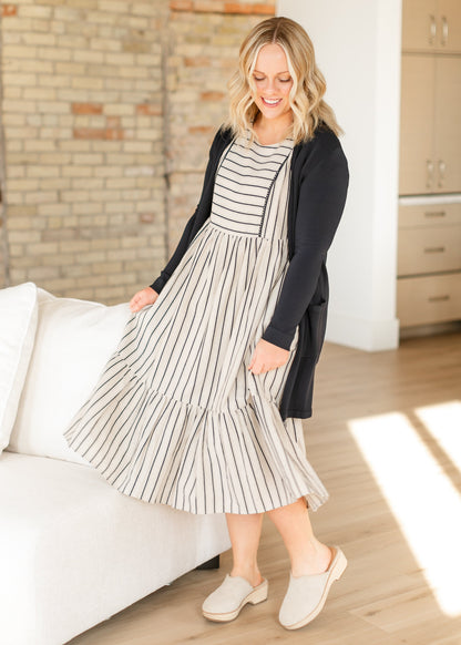 Yarn-Dyed Striped Short Sleeve Midi Dress FF Dresses