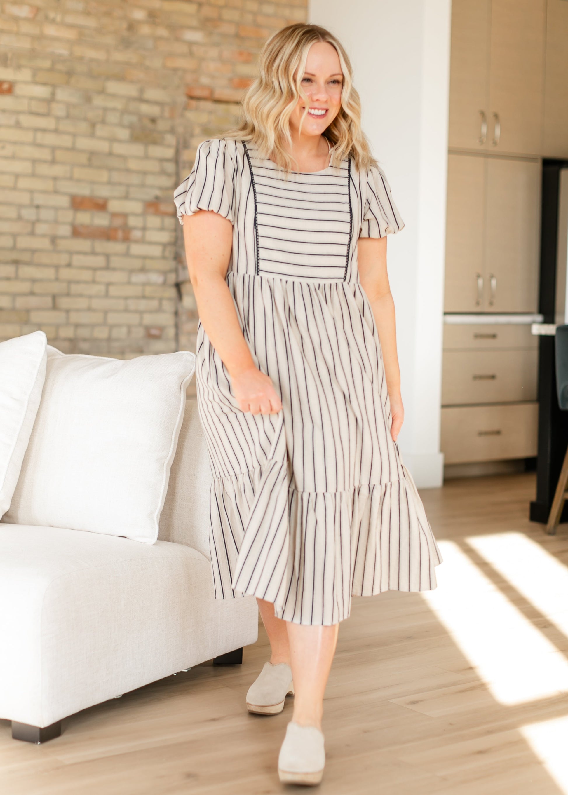 Yarn-Dyed Striped Short Sleeve Midi Dress FF Dresses