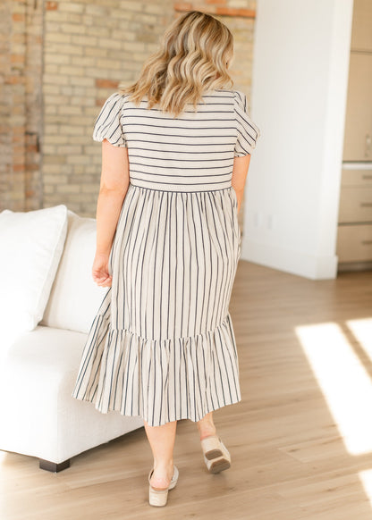 Yarn-Dyed Striped Short Sleeve Midi Dress FF Dresses