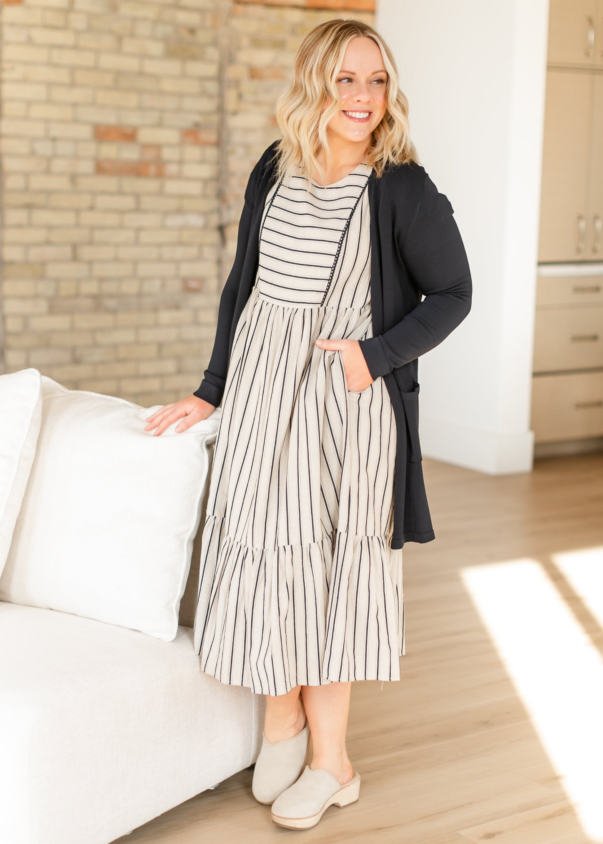 Yarn-Dyed Striped Short Sleeve Midi Dress FF Dresses