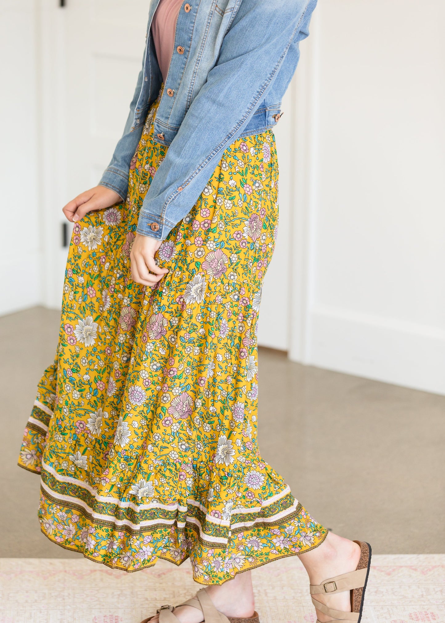 Yellow Floral Waist Tie Midi Skirt - FINAL SALE FF Skirts