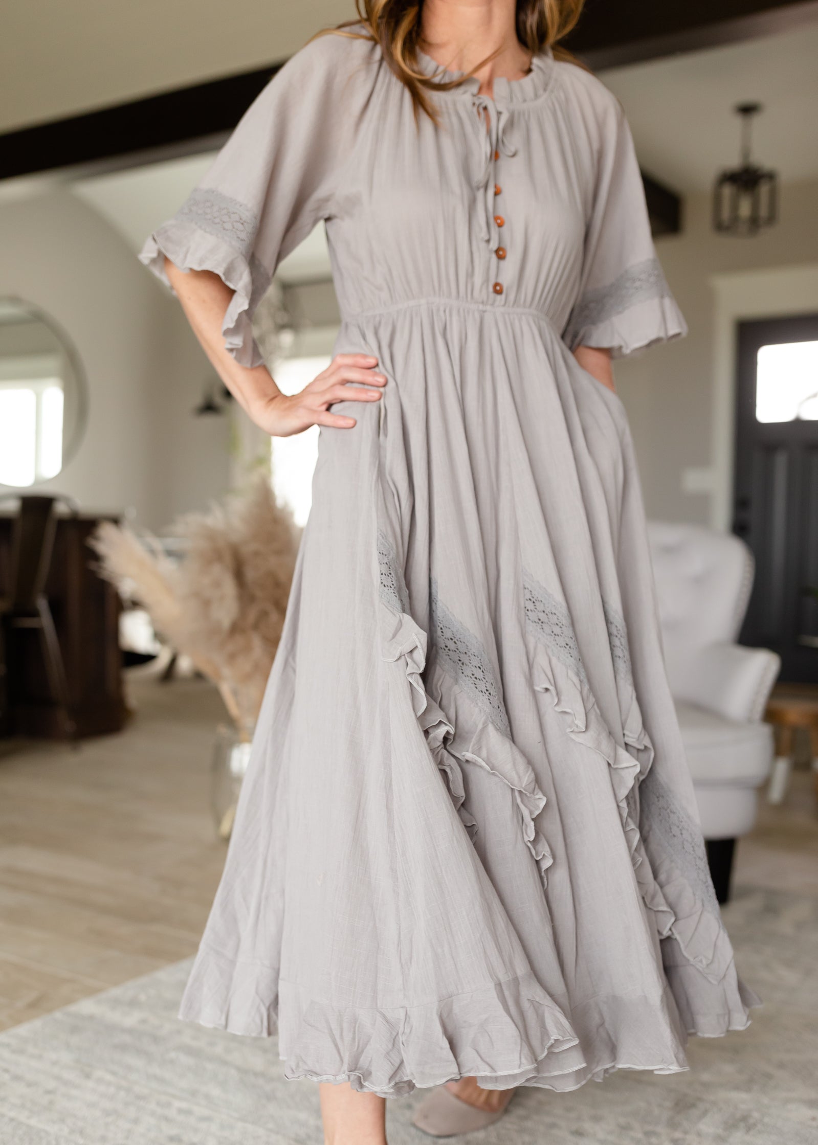 Ash Gray Linen Ruffle Midi Dress - FINAL SALE Dresses