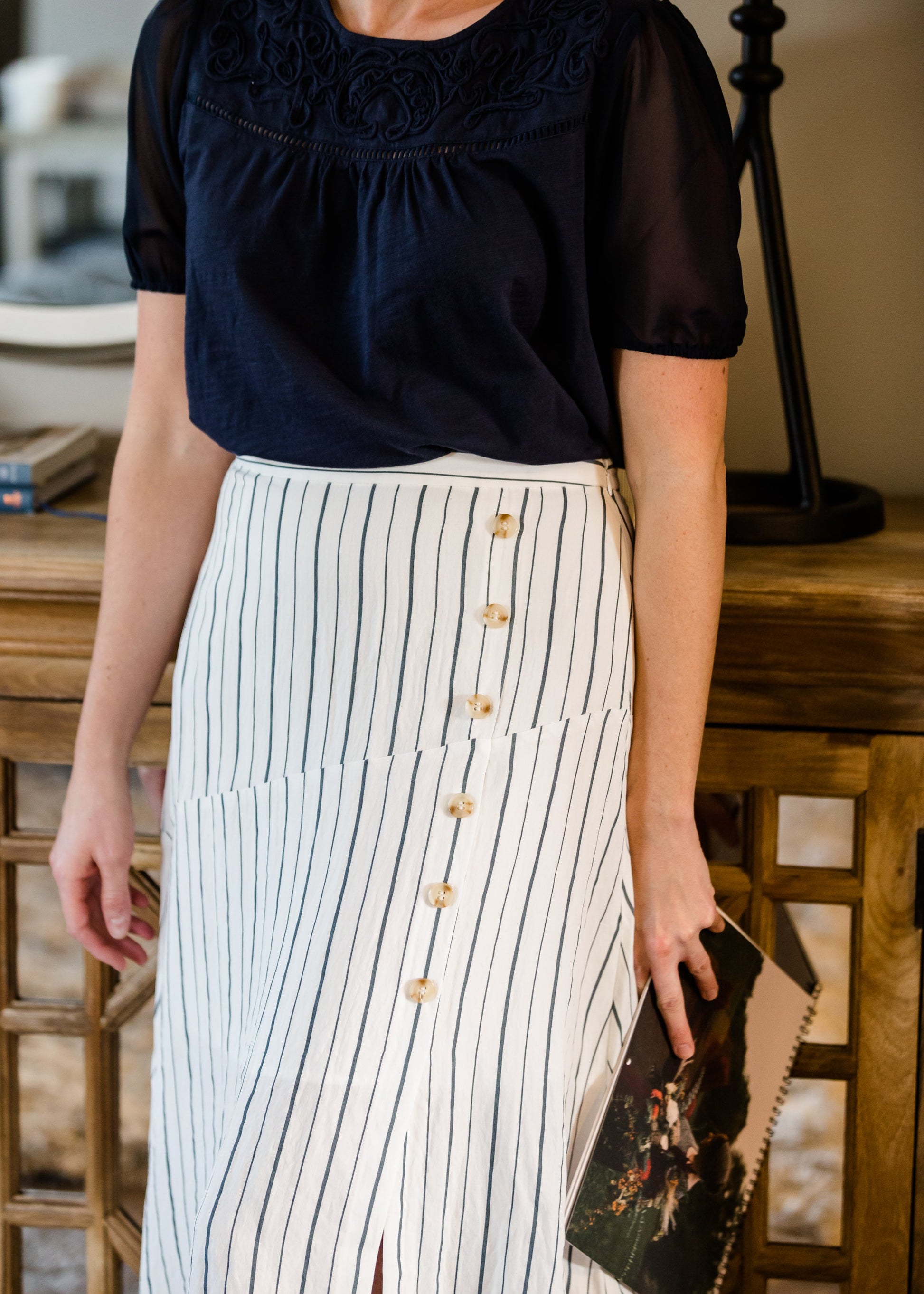 Asymmetrical Button Detail Stripe Midi Skirt Skirts