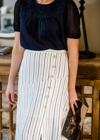 Asymmetrical Button Detail Stripe Midi Skirt Skirts