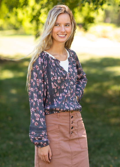 Balloon Sleeve Floral V-Neck Top Tops