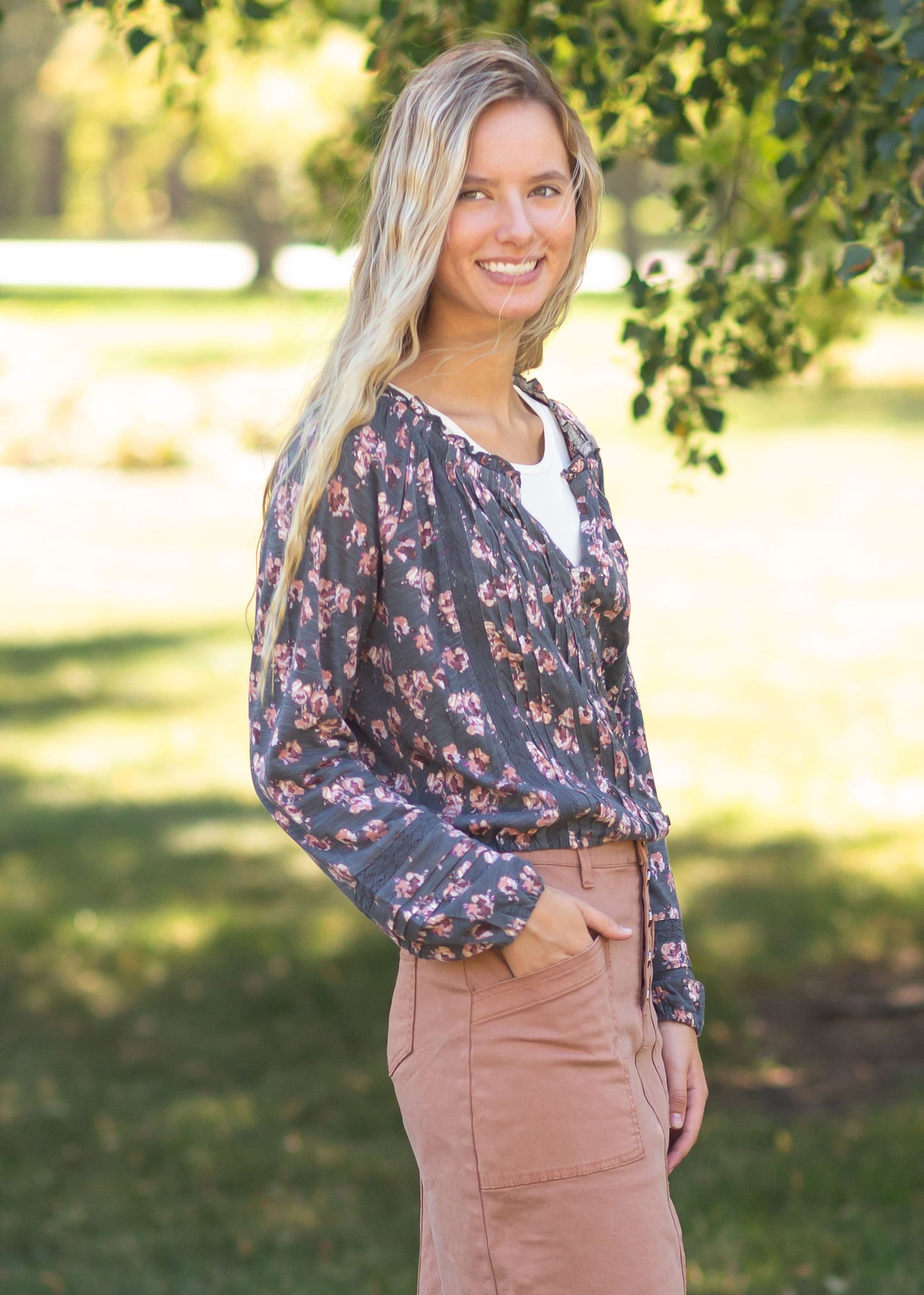 Balloon Sleeve Floral V-Neck Top Tops