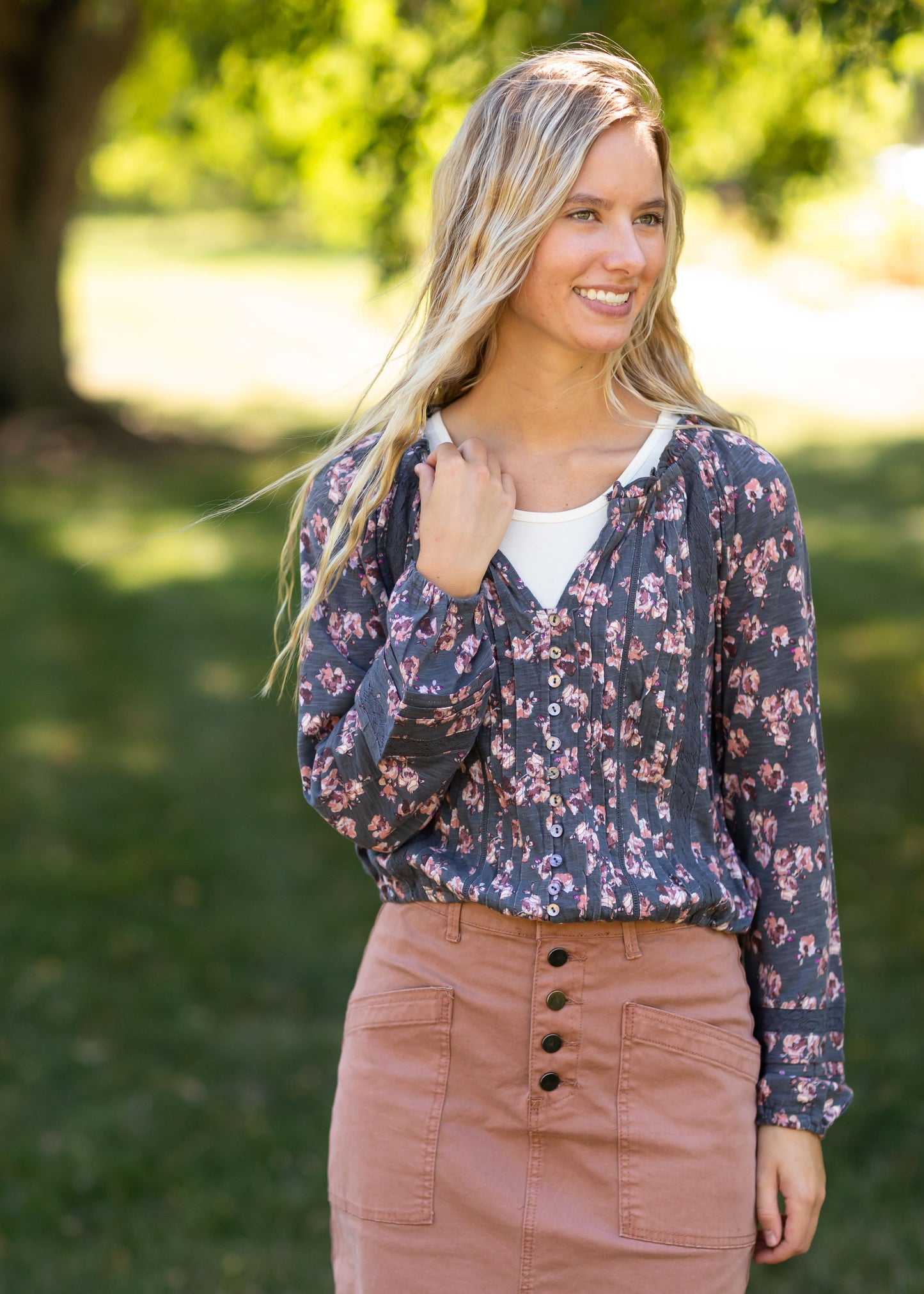 Balloon Sleeve Floral V-Neck Top Tops