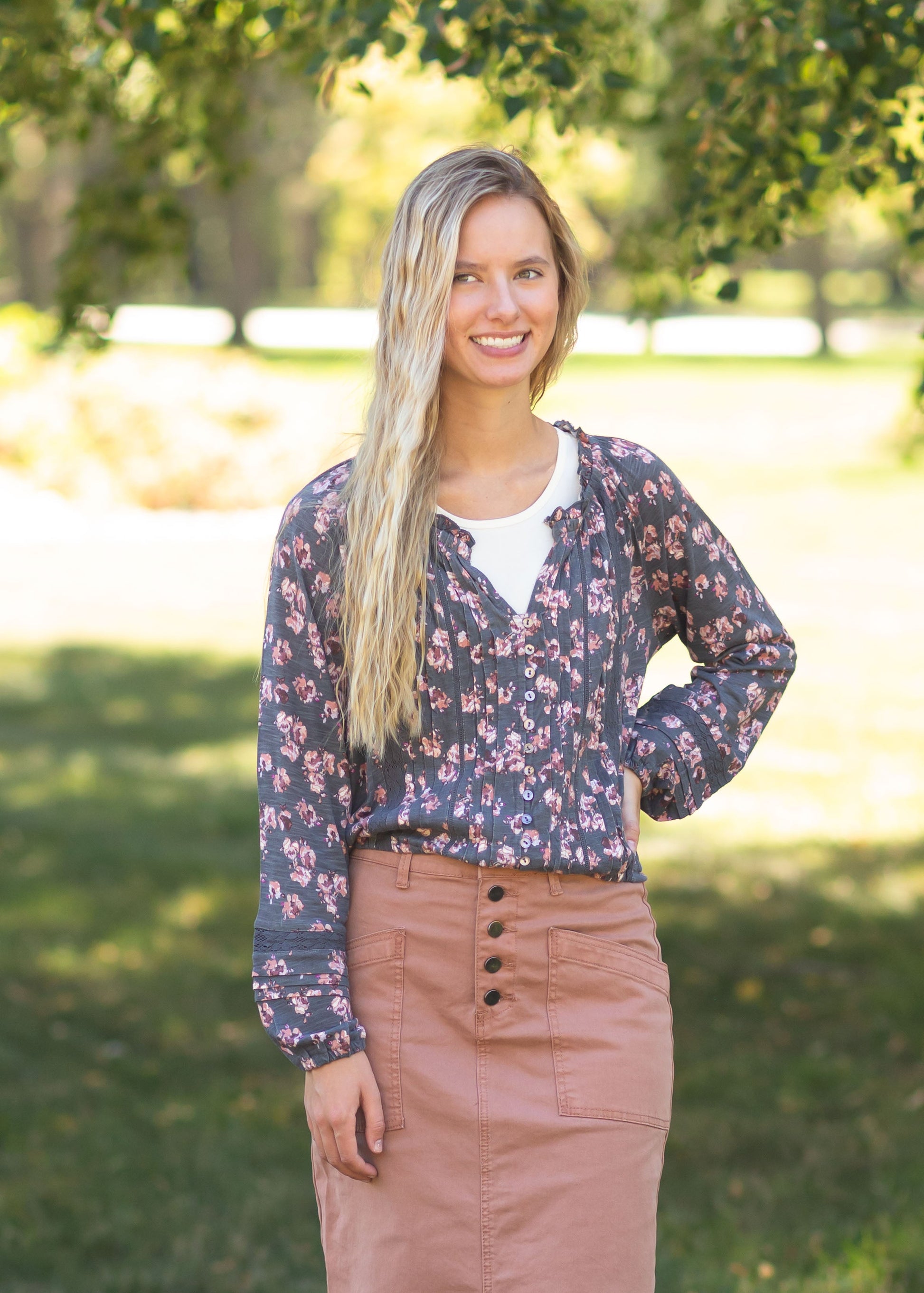 Balloon Sleeve Floral V-Neck Top Tops