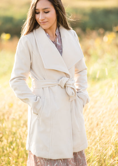 Beige Collared Belted Fleece Coat - FINAL SALE Tops