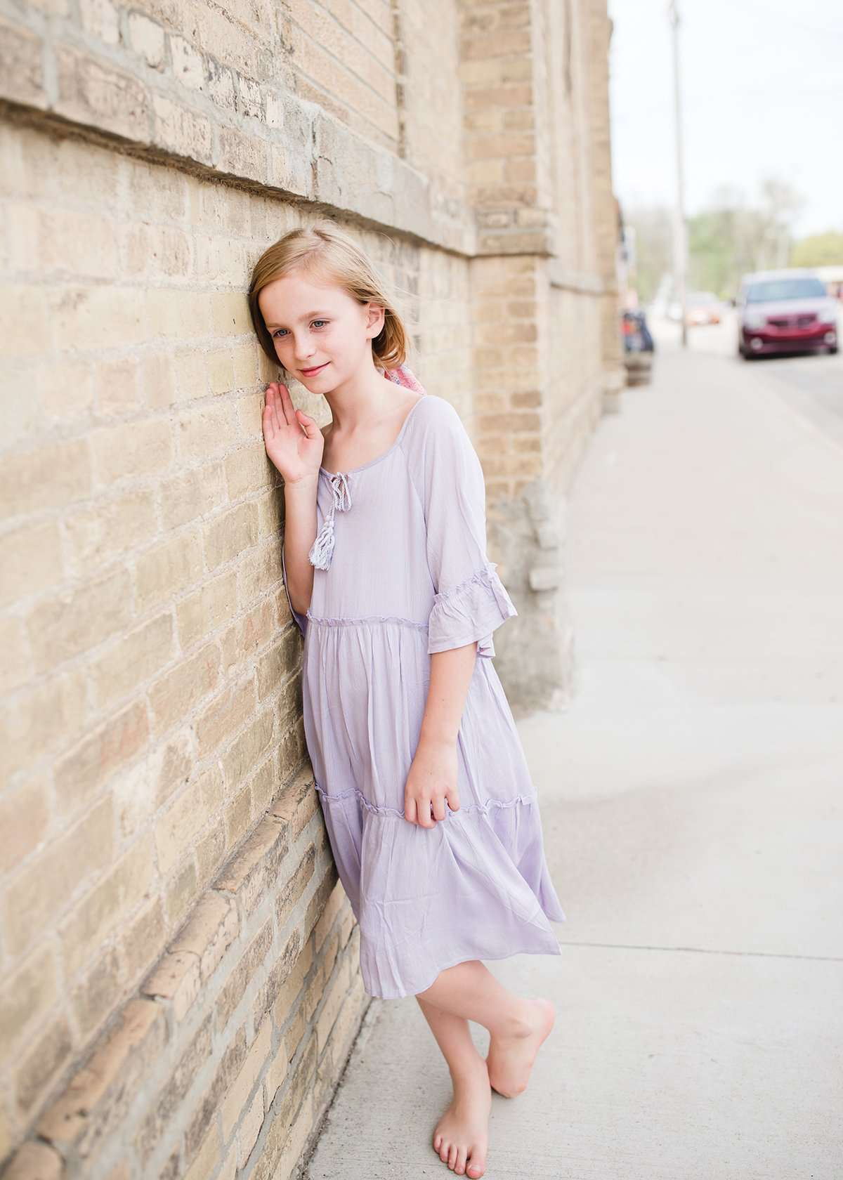 light purple tassle sleeve flowy girls midi dress