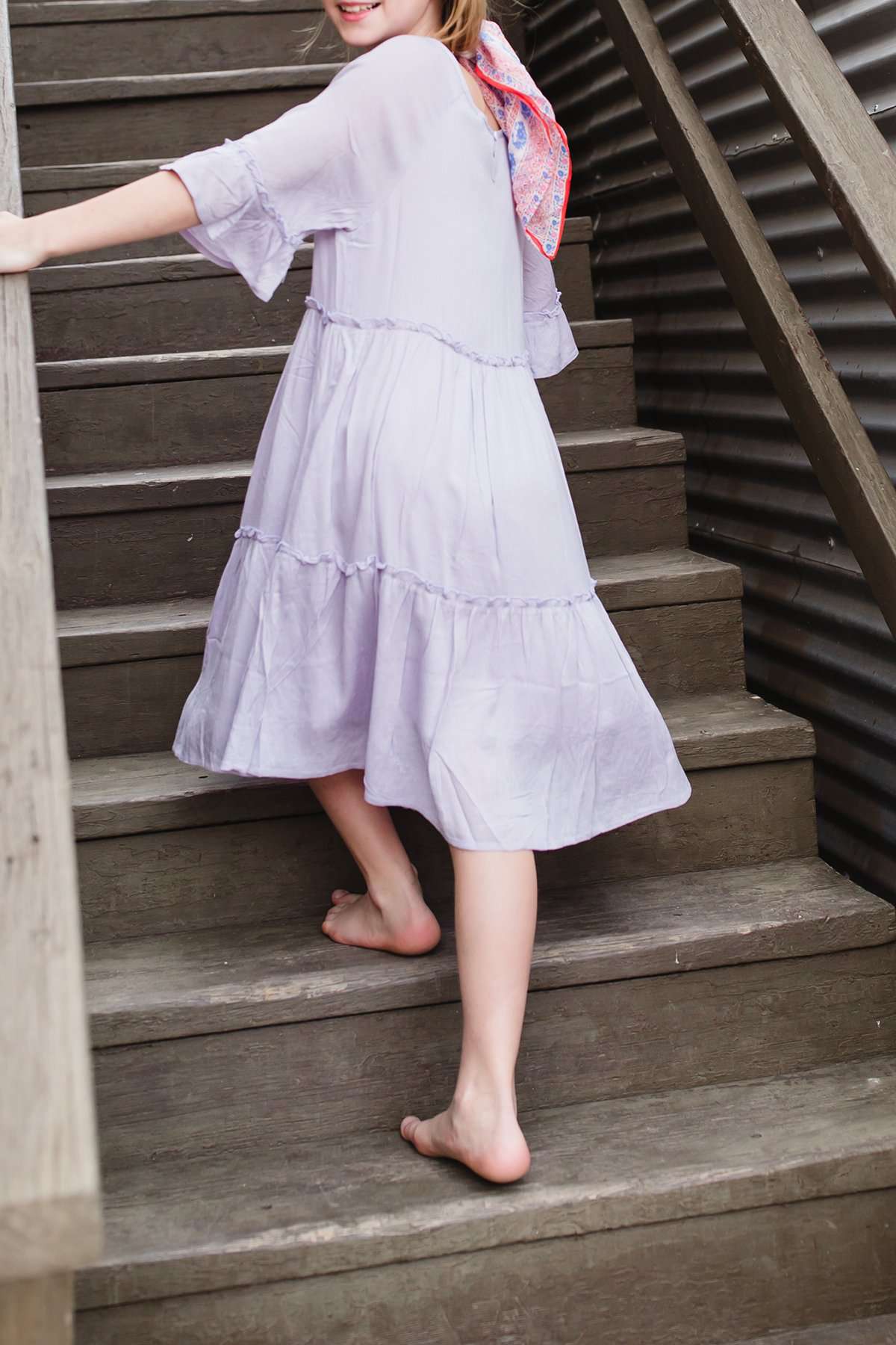 light purple tassle sleeve flowy girls midi dress