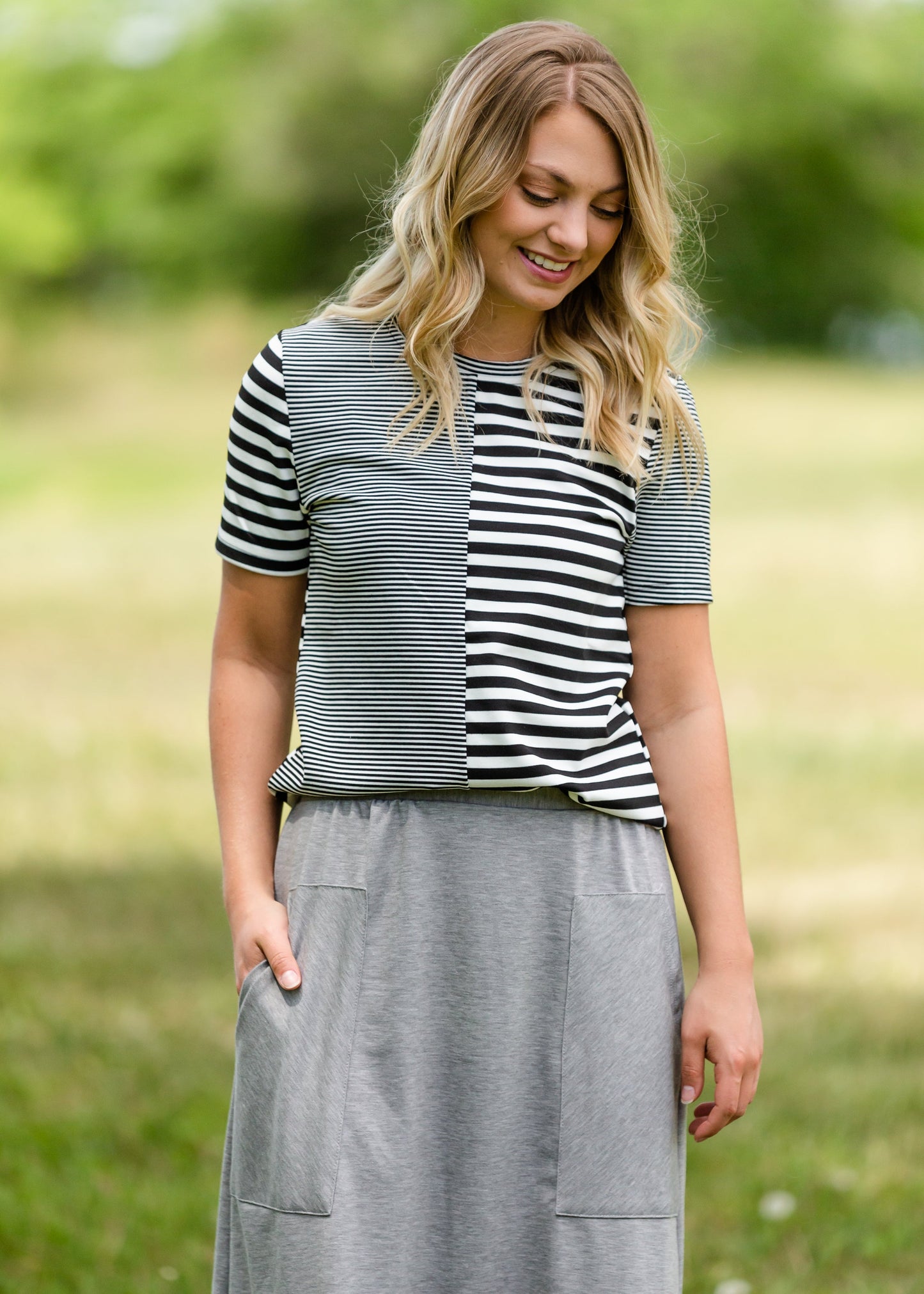 Black and White Mixed Striped Tee Shirt - FINAL SALE Tops