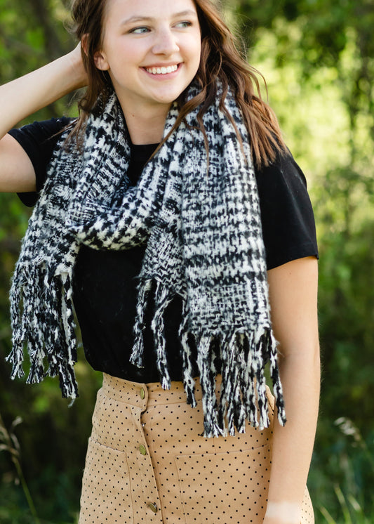 Black Boucle Knit Houndstooth Scarf Accessories