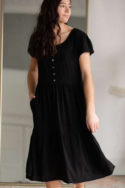 Black Button Up Tiered Midi Dress Dresses Tea N Rose